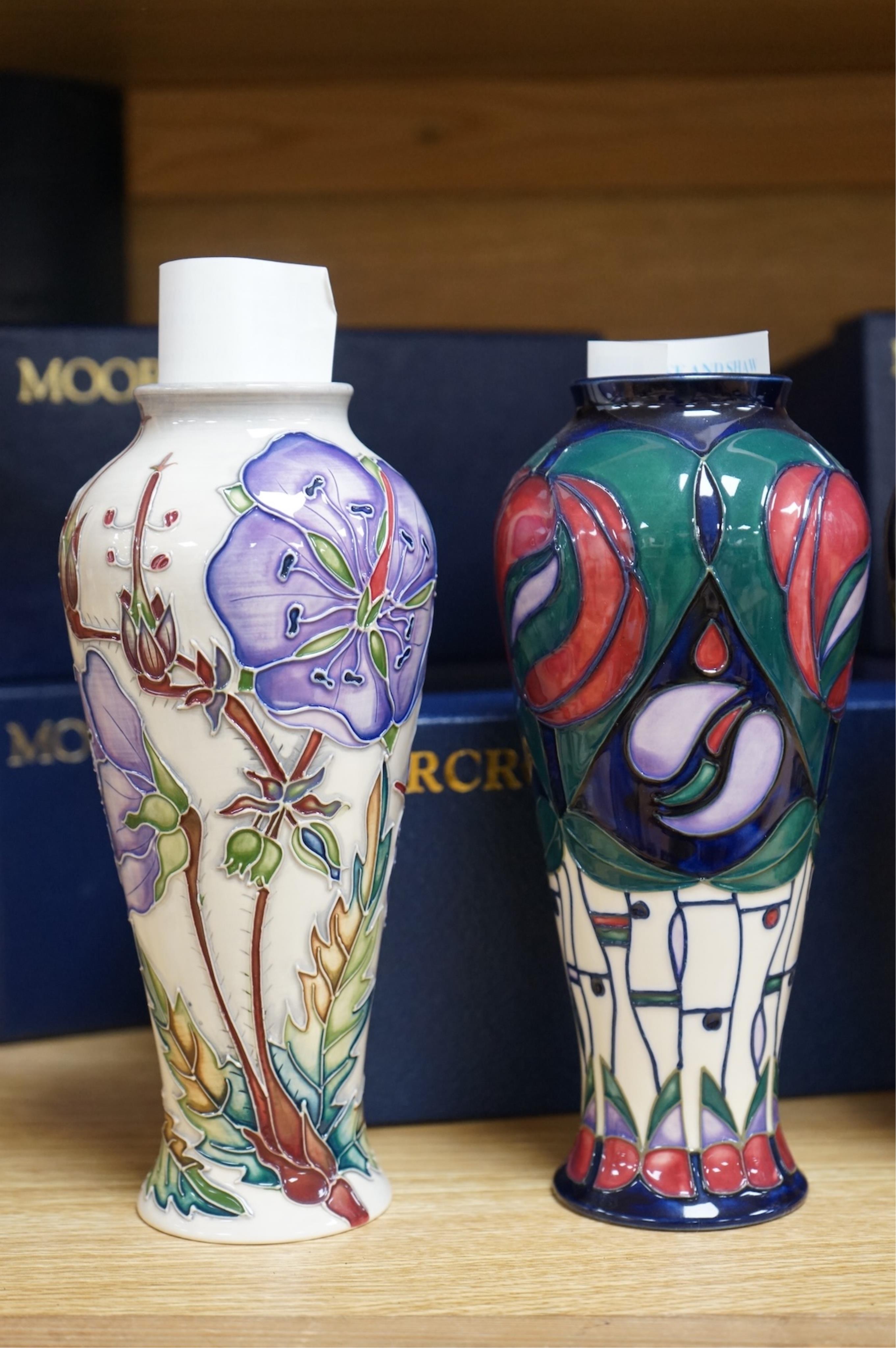 Five boxed Moorcroft vases - Geneva, Meadow Cranesbill, Cosmos, Oberon and Charles Rennie Macintosh patterns, 20.5cm